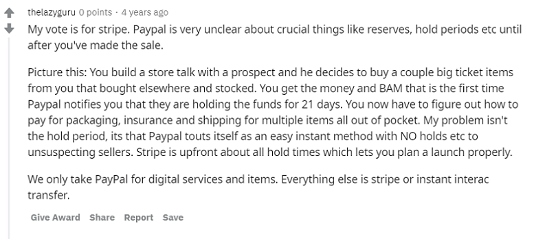 Stripe vs PayPal review from Reddit