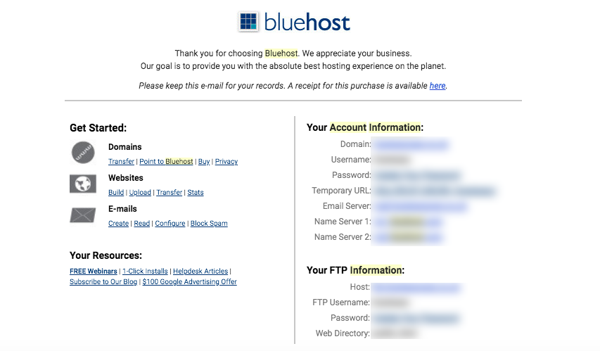 Bluehost welcome email
